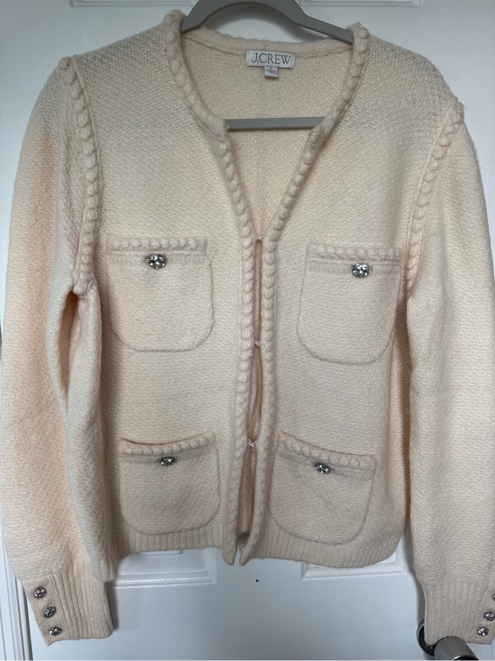 J. Crew Cream Knit Four-Pocket Cardigan with Jewel Buttons